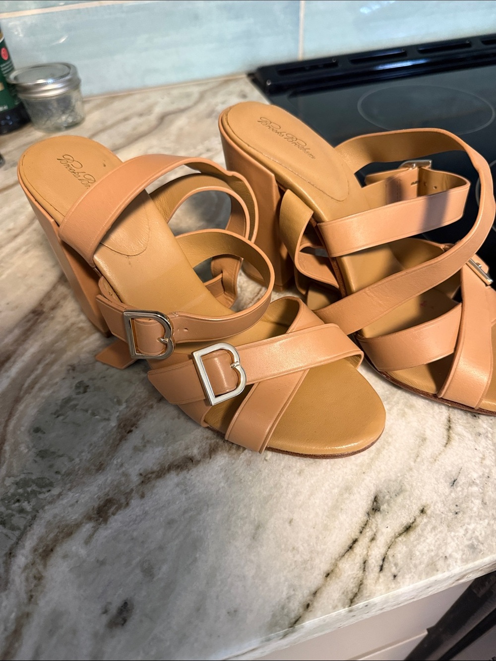 Brooks Brothers Beige Strappy Block Heel Sandals with Buckle